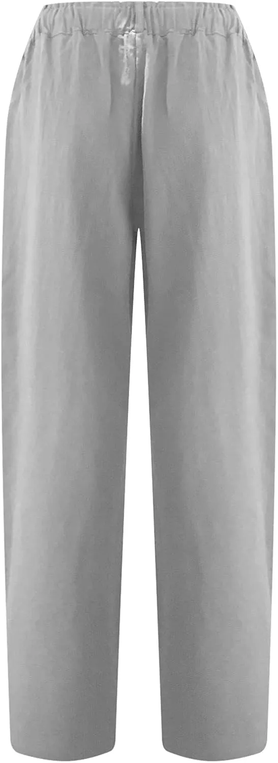 Womens Cotton Linen Pants High Waist Button Elastic Waist Pants Casual Wide Leg Leg Straight Trousers with Pockets