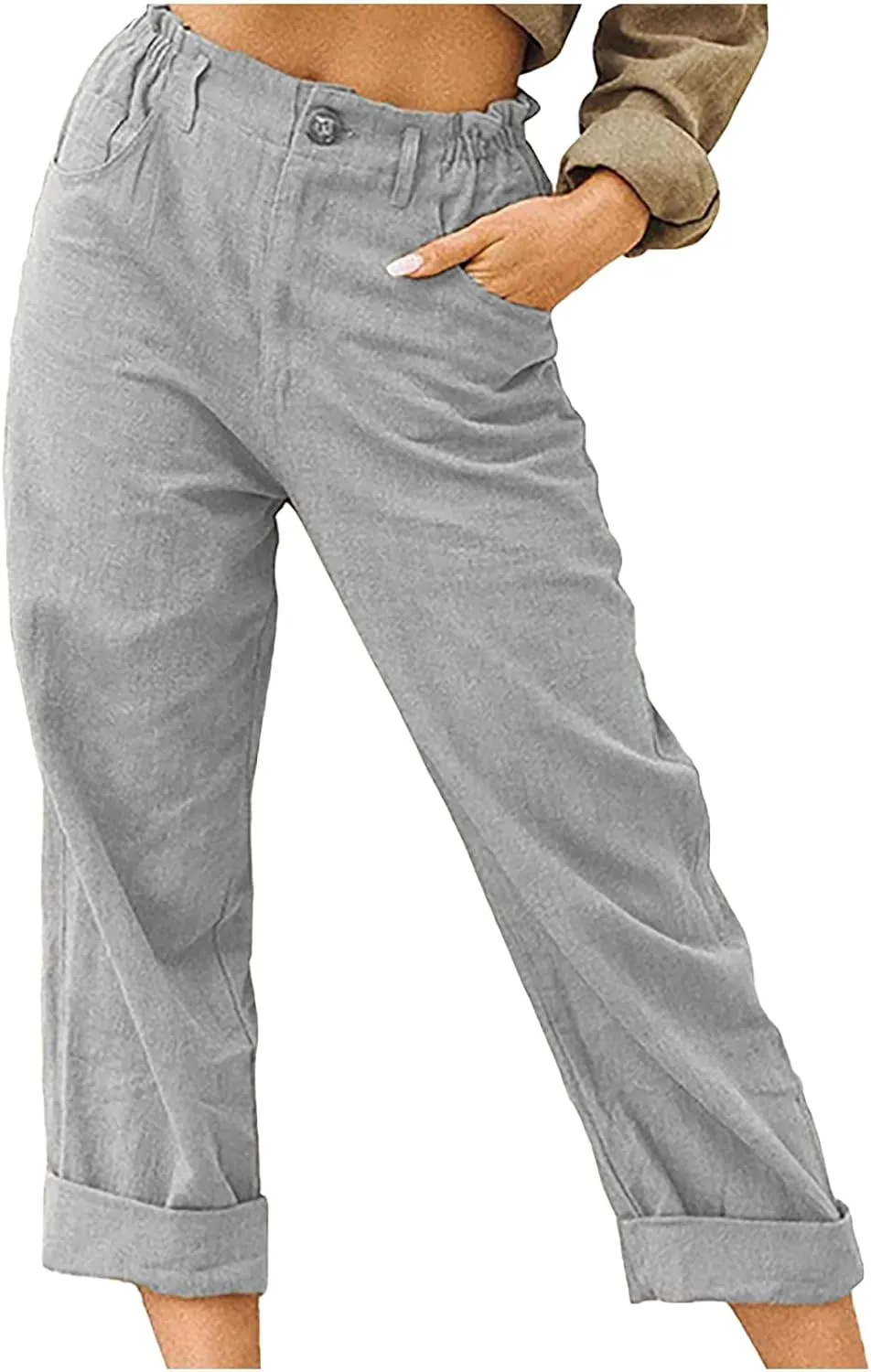 Womens Cotton Linen Pants High Waist Button Elastic Waist Pants Casual Wide Leg Leg Straight Trousers with Pockets