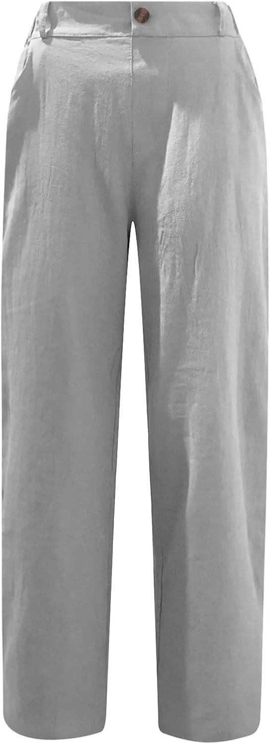 Womens Cotton Linen Pants High Waist Button Elastic Waist Pants Casual Wide Leg Leg Straight Trousers with Pockets