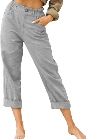 Womens Cotton Linen Pants High Waist Button Elastic Waist Pants Casual Wide Leg Leg Straight Trousers with Pockets