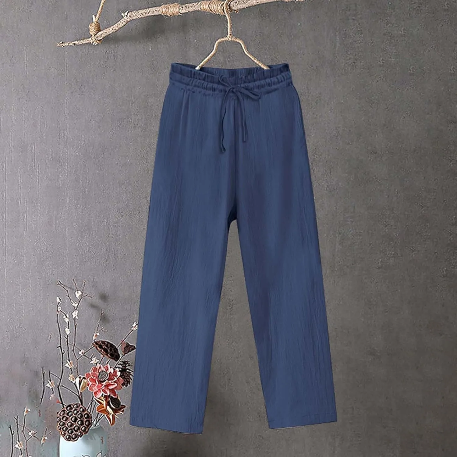 Womens Cotton Linen Pants Pants Fashion Drawstring Elastic Trousers Comfy Sports Athletic Lounge Pants with Pockets