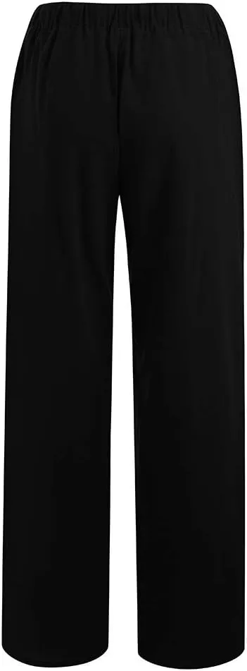 Women's Cotton Linen Pants Summer Elastic Waist Palazzo Pants with Drawstring Flowy Wide Leg Beach Trousers with Pockets