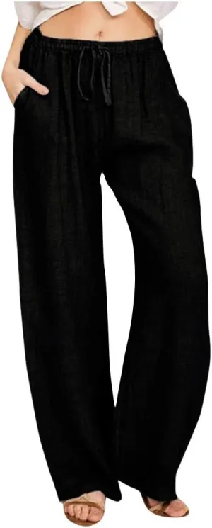 Women's Cotton Linen Pants Summer Elastic Waist Palazzo Pants with Drawstring Flowy Wide Leg Beach Trousers with Pockets