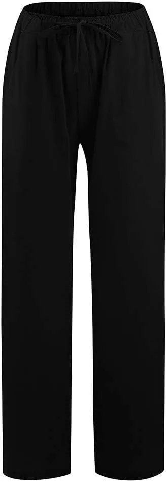 Women's Cotton Linen Pants Summer Elastic Waist Palazzo Pants with Drawstring Flowy Wide Leg Beach Trousers with Pockets