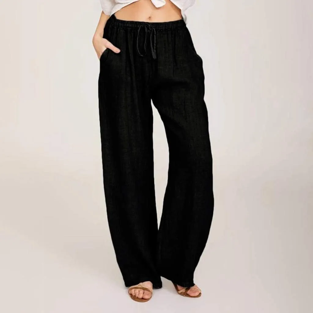 Women's Cotton Linen Pants Summer Elastic Waist Palazzo Pants with Drawstring Flowy Wide Leg Beach Trousers with Pockets