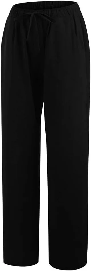 Women's Cotton Linen Pants Summer Elastic Waist Palazzo Pants with Drawstring Flowy Wide Leg Beach Trousers with Pockets