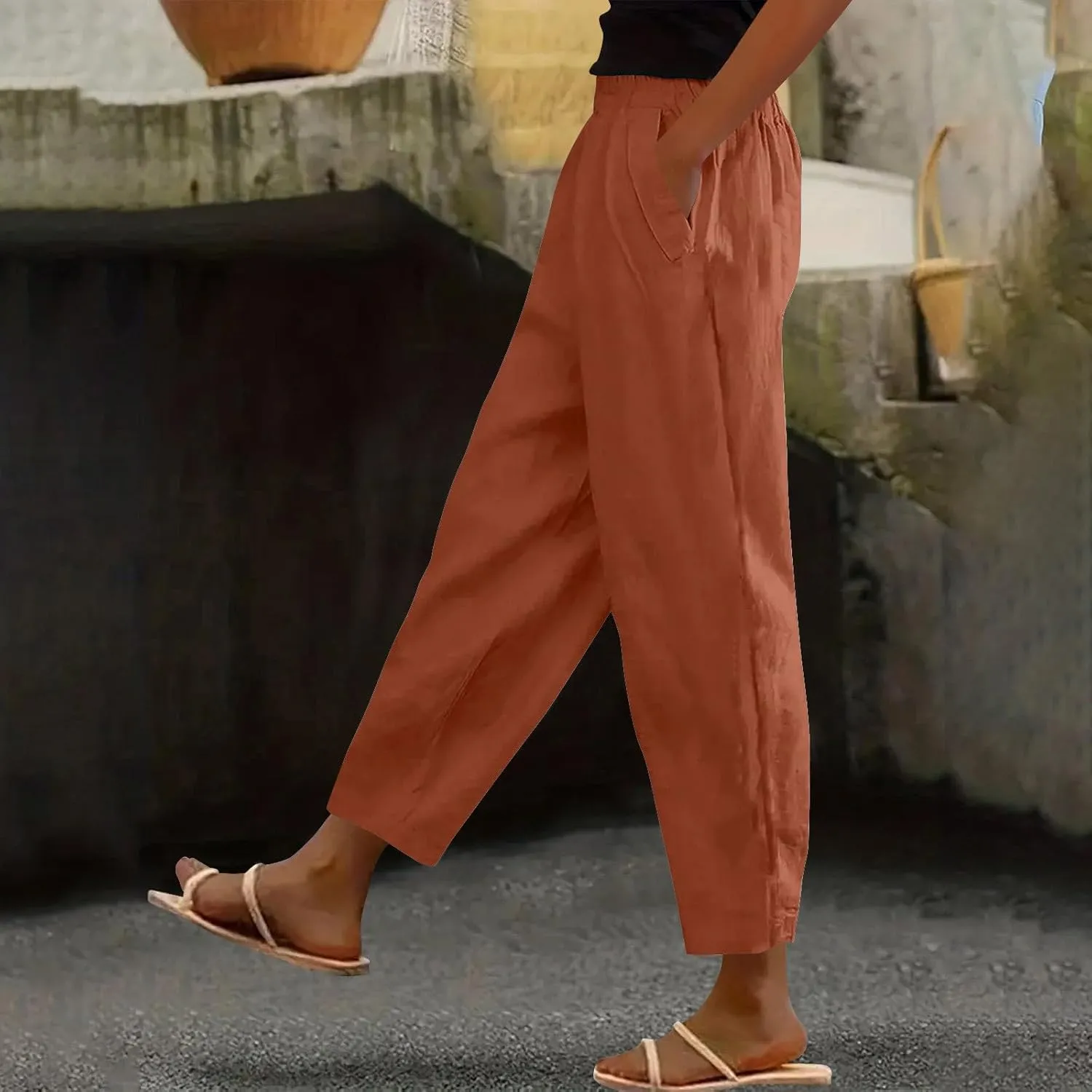 Womens Cotton Linen Pants Summer Wide Leg Solid High Waisted Palazzo Pants Flowy Lounge Beach Trousers with Pockets