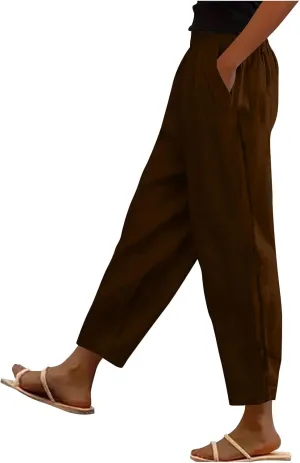 Womens Cotton Linen Pants Summer Wide Leg Solid High Waisted Palazzo Pants Flowy Lounge Beach Trousers with Pockets