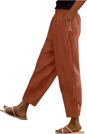 Womens Cotton Linen Pants Summer Wide Leg Solid High Waisted Palazzo Pants Flowy Lounge Beach Trousers with Pockets