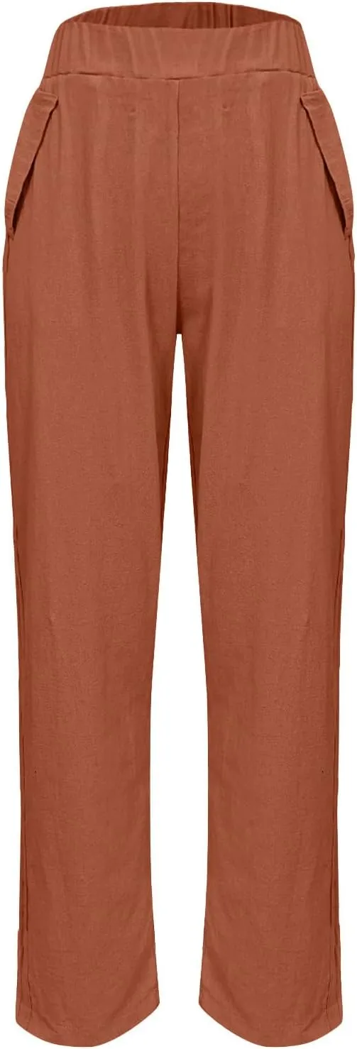 Womens Cotton Linen Pants Summer Wide Leg Solid High Waisted Palazzo Pants Flowy Lounge Beach Trousers with Pockets