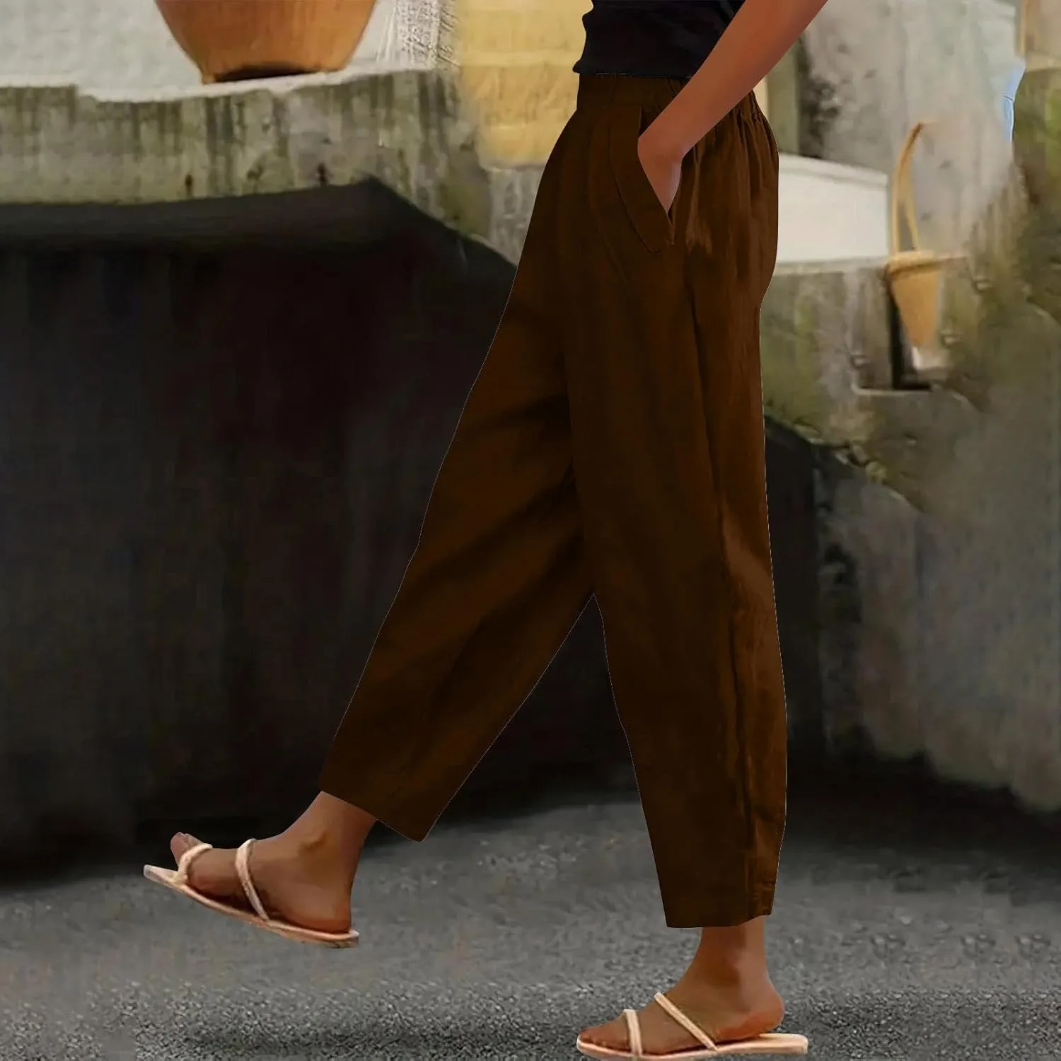 Womens Cotton Linen Pants Summer Wide Leg Solid High Waisted Palazzo Pants Flowy Lounge Beach Trousers with Pockets