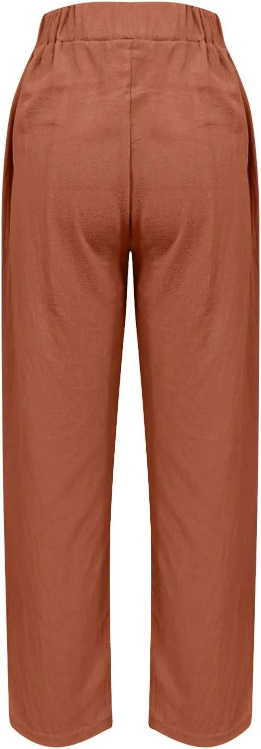 Womens Cotton Linen Pants Summer Wide Leg Solid High Waisted Palazzo Pants Flowy Lounge Beach Trousers with Pockets