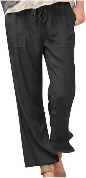 Women's Cotton Linen Straight Leg Pants Summer Casual Drawstring Pant Pockets Beach Vacation Trousers Comfy Clothing