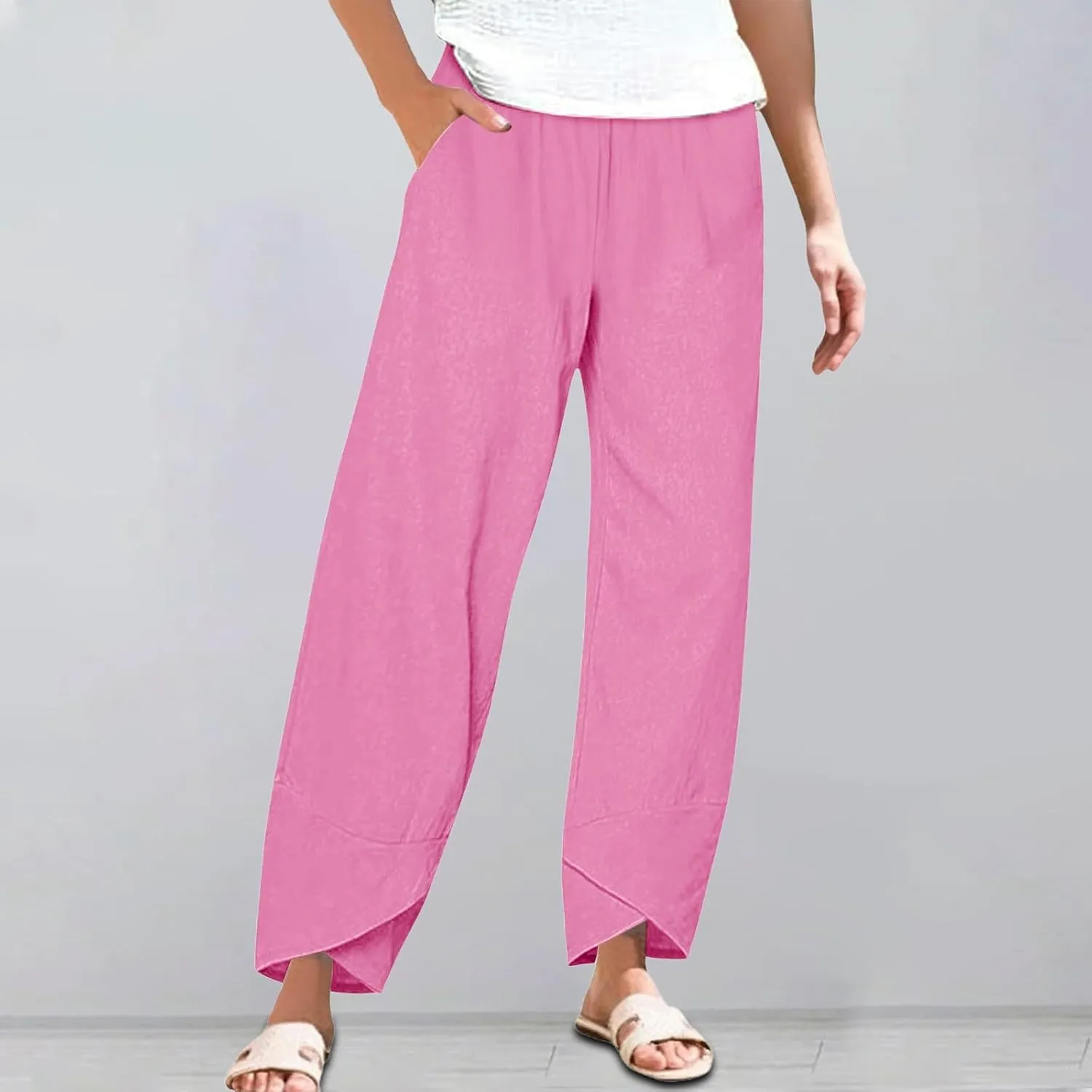 Womens Cotton Linen Straight Pants Spring Summer High-Waist Pant Loose Trousers with Irregular Pant Legs for Vacation