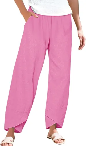 Womens Cotton Linen Straight Pants Spring Summer High-Waist Pant Loose Trousers with Irregular Pant Legs for Vacation