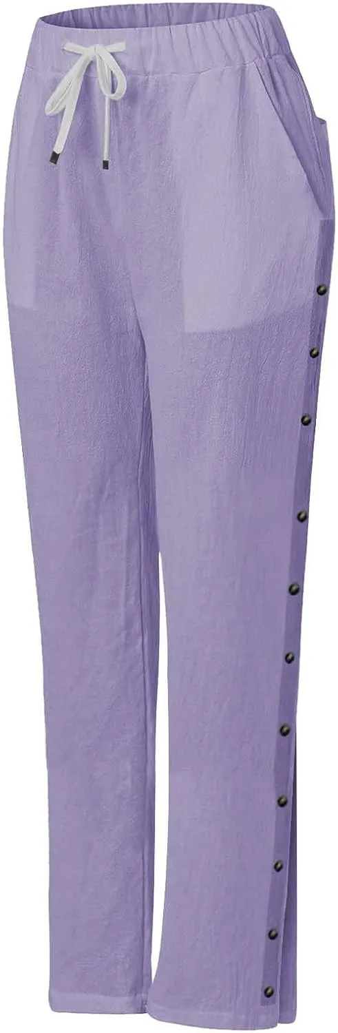 Womens Cotton Linen Straight Trousers High-Waist Summer Split Leg Pants Loose Comfy Pant for Vacation
