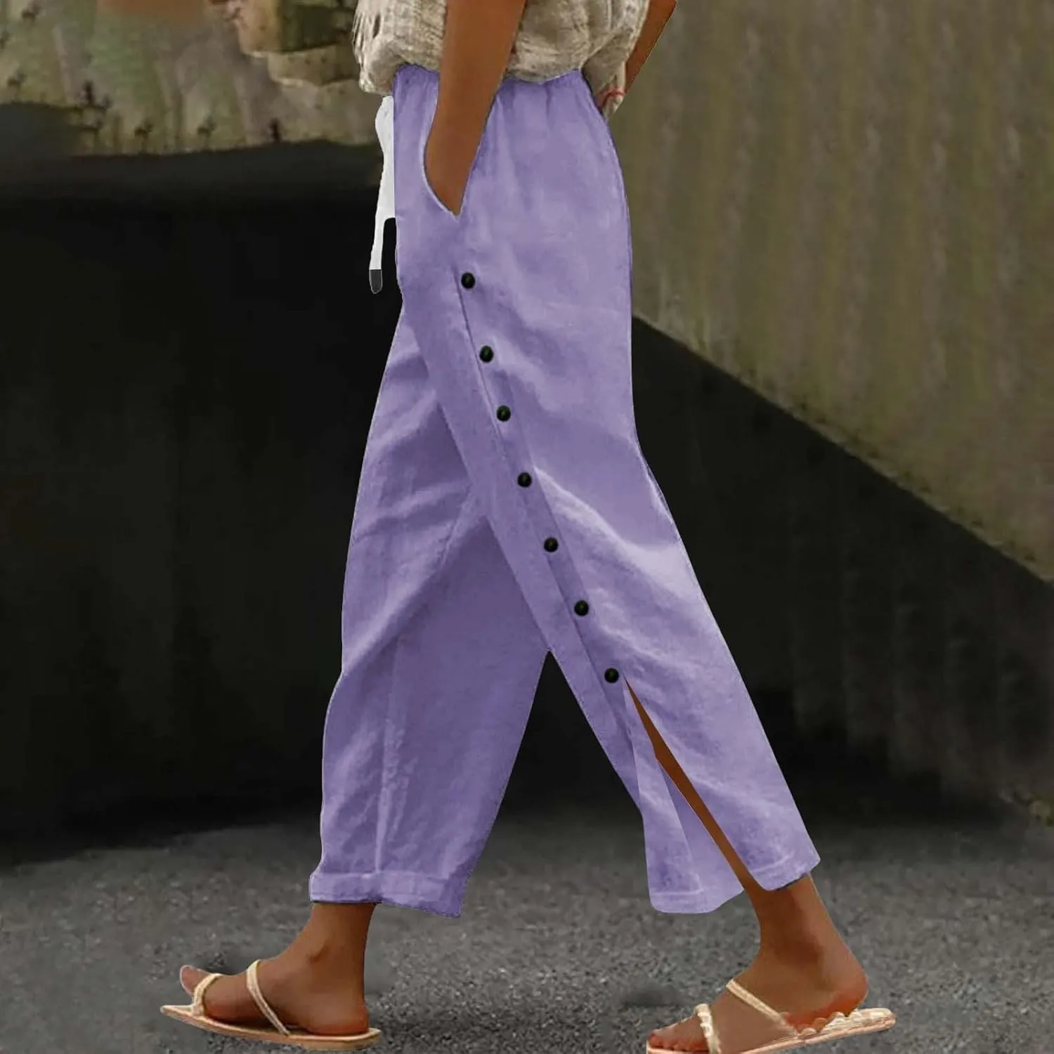 Womens Cotton Linen Straight Trousers High-Waist Summer Split Leg Pants Loose Comfy Pant for Vacation