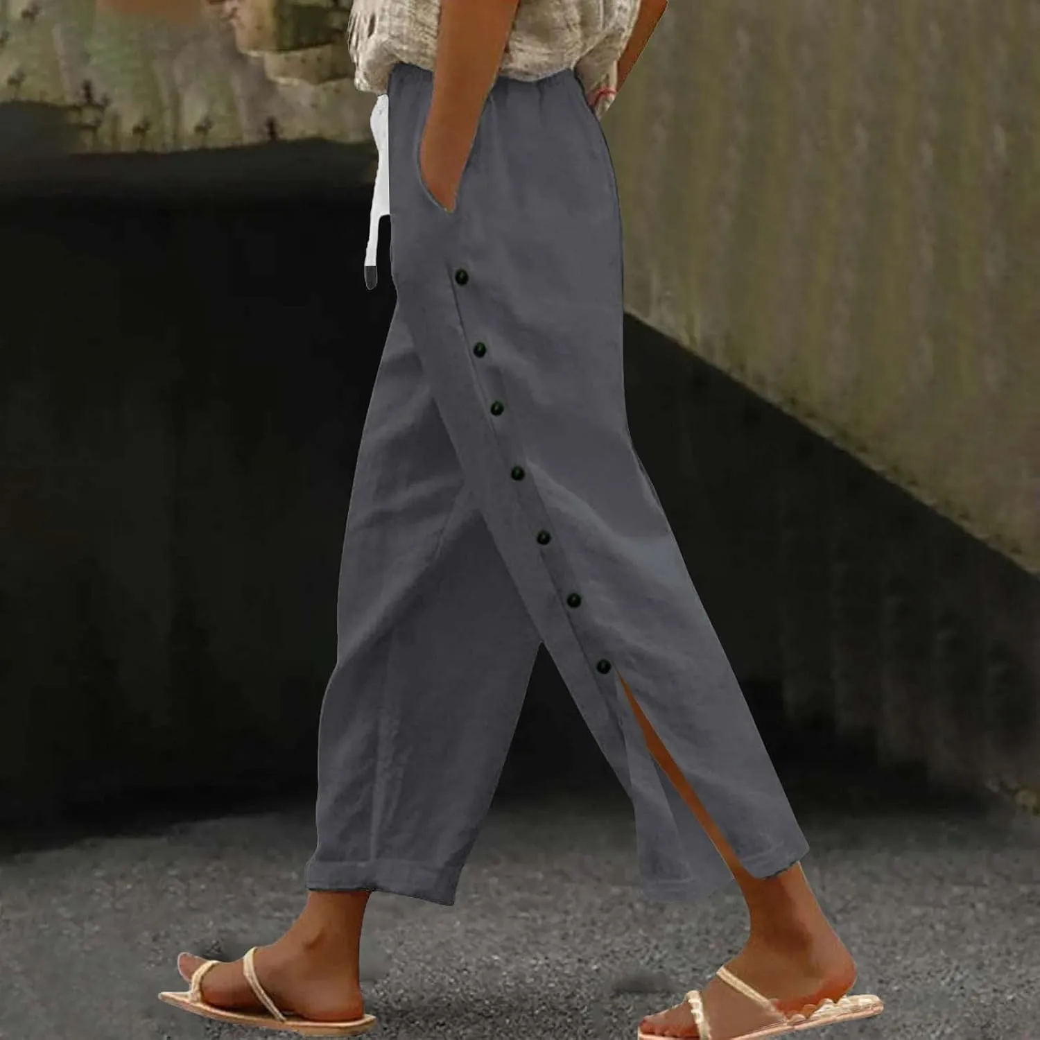 Womens Cotton Linen Straight Trousers High-Waist Summer Split Leg Pants Loose Comfy Pant for Vacation