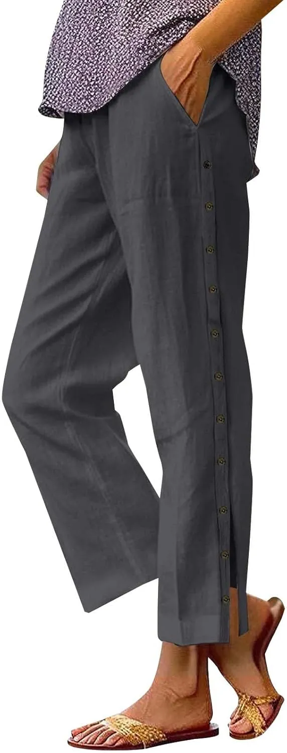 Womens Cotton Linen Straight Trousers High-Waist Summer Split Leg Pants Loose Comfy Pant for Vacation