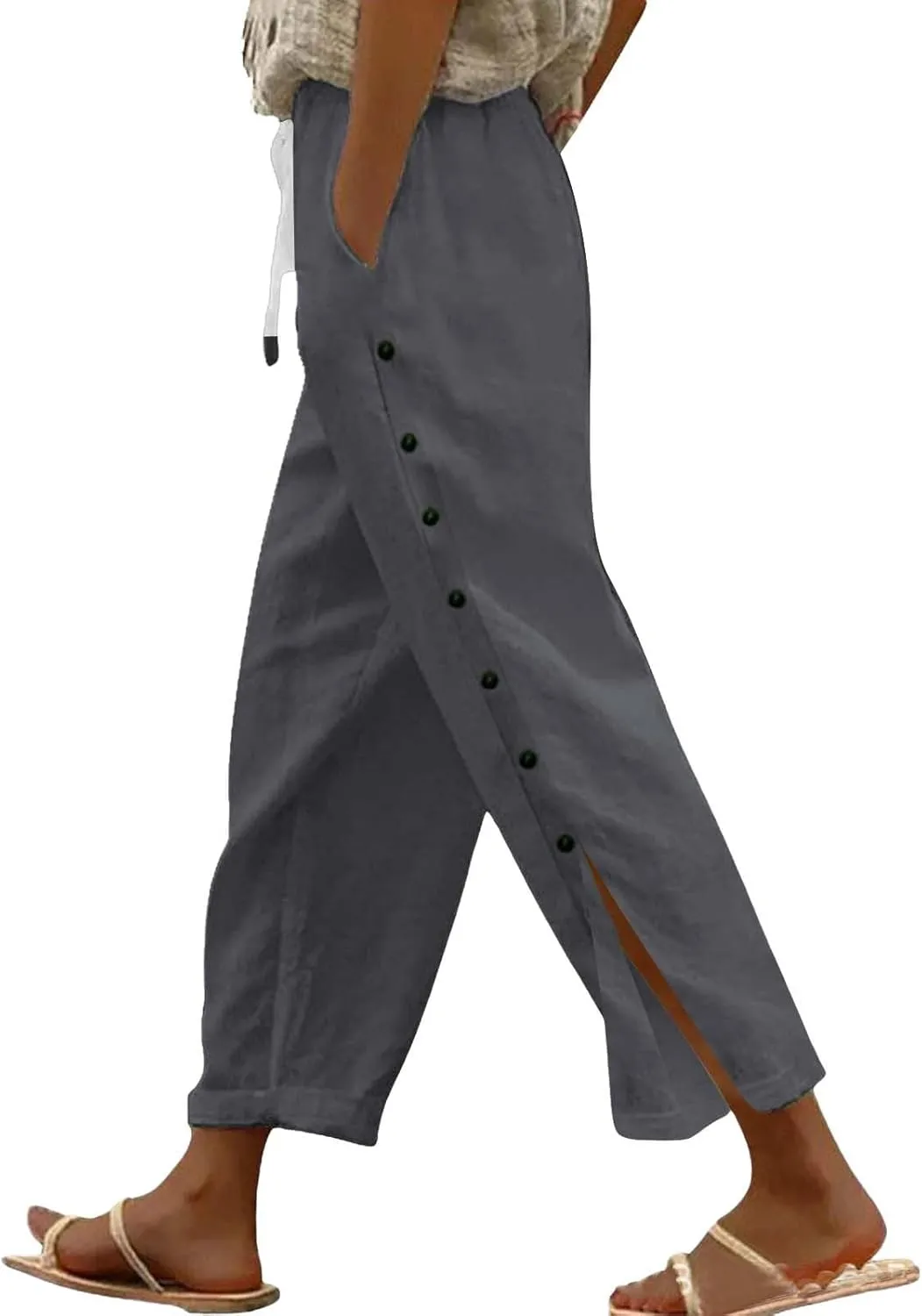 Womens Cotton Linen Straight Trousers High-Waist Summer Split Leg Pants Loose Comfy Pant for Vacation