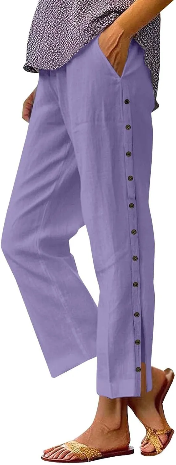 Womens Cotton Linen Straight Trousers High-Waist Summer Split Leg Pants Loose Comfy Pant for Vacation