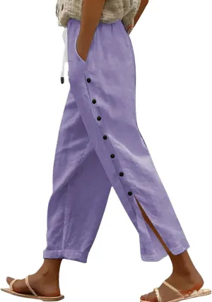 Womens Cotton Linen Straight Trousers High-Waist Summer Split Leg Pants Loose Comfy Pant for Vacation