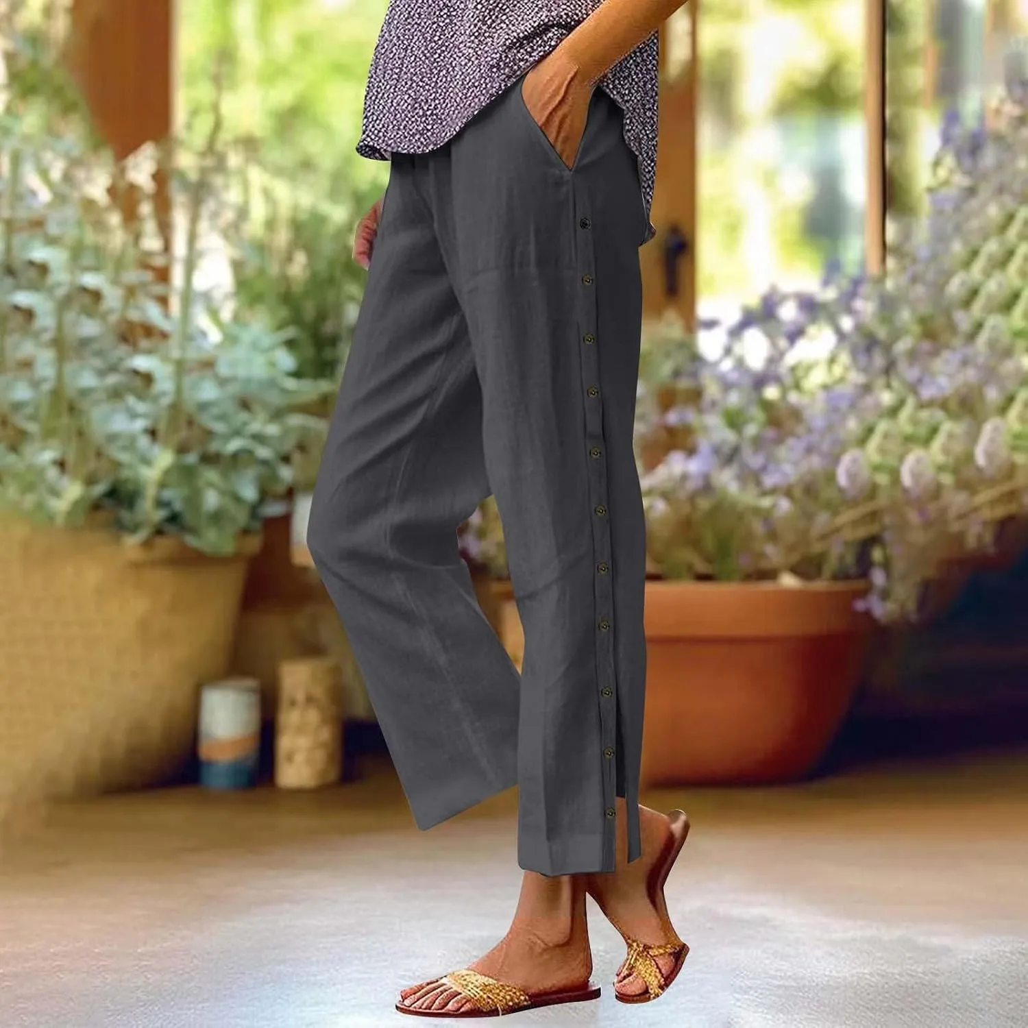 Womens Cotton Linen Straight Trousers High-Waist Summer Split Leg Pants Loose Comfy Pant for Vacation