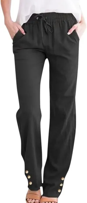 Women's Cotton Linen Straight Trousers Summer Drawstrings High Waist Lounge Trouser Lightweight Breathable Fashion Long Pants