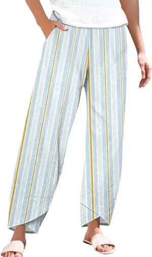Womens Cotton Linen Striped Pants Wide Leg Comfy Cute Trousers Fashionable Loose Straight Pant for Outdoor Hiking Workout