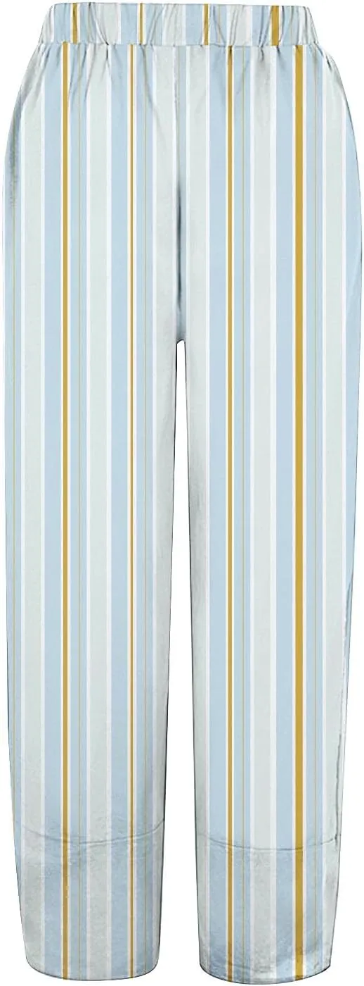 Womens Cotton Linen Striped Pants Wide Leg Comfy Cute Trousers Fashionable Loose Straight Pant for Outdoor Hiking Workout