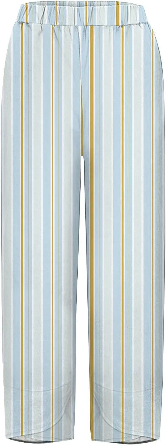 Womens Cotton Linen Striped Pants Wide Leg Comfy Cute Trousers Fashionable Loose Straight Pant for Outdoor Hiking Workout