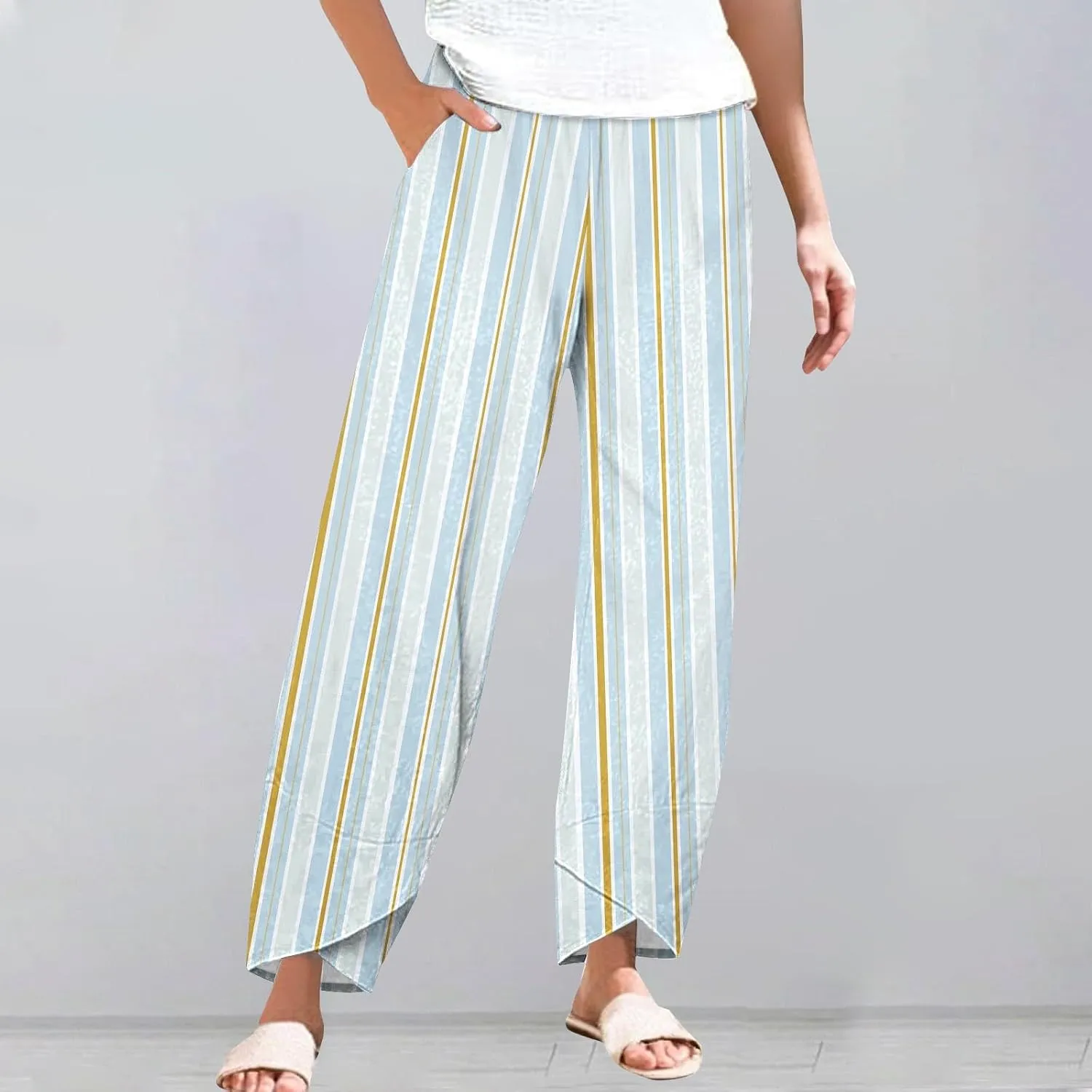 Womens Cotton Linen Striped Pants Wide Leg Comfy Cute Trousers Fashionable Loose Straight Pant for Outdoor Hiking Workout