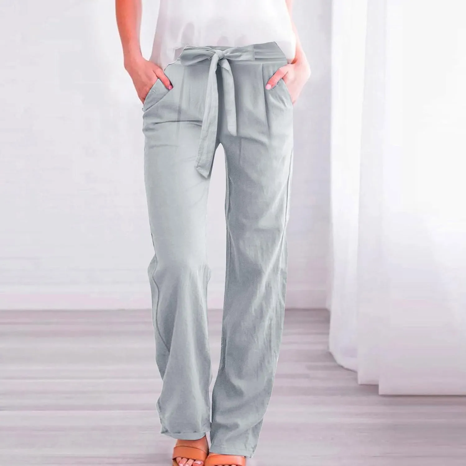 Women's Cotton Linen Summer Casual Loose Palazzo Lounge Pants Elastic Waist Lounge Pants Loose Fit Palazzo