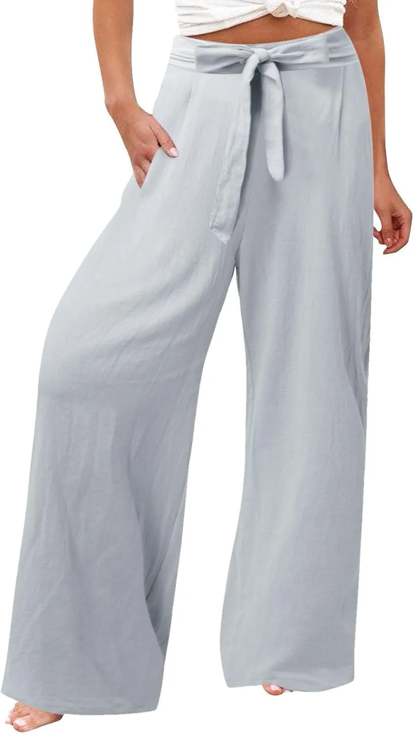 Women's Cotton Linen Summer Casual Loose Palazzo Lounge Pants Elastic Waist Lounge Pants Loose Fit Palazzo