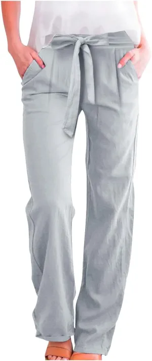 Women's Cotton Linen Summer Casual Loose Palazzo Lounge Pants Elastic Waist Lounge Pants Loose Fit Palazzo