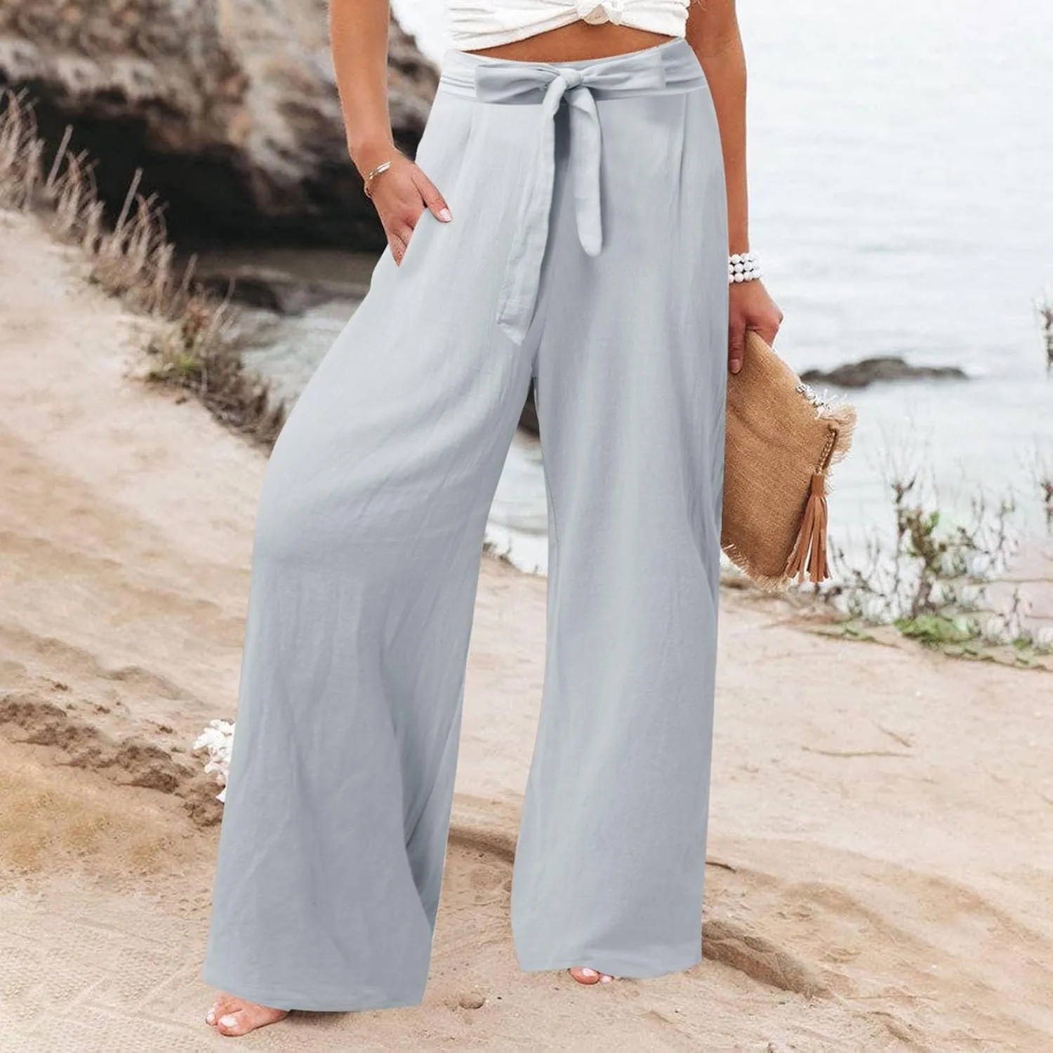 Women's Cotton Linen Summer Casual Loose Palazzo Lounge Pants Elastic Waist Lounge Pants Loose Fit Palazzo
