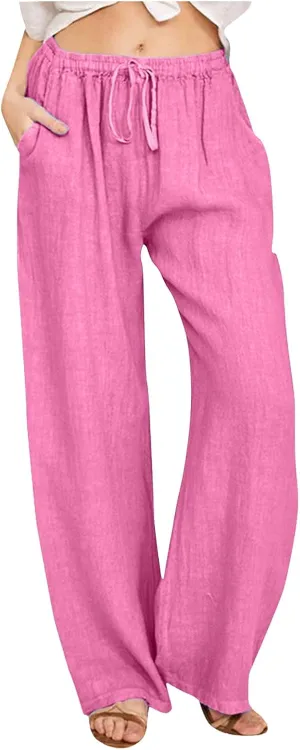 Womens Cotton Linen Summer Flowy Palazzo Lounge Pants High Waist Lounge Pants Slim-Fit Pant Trousers Business Work