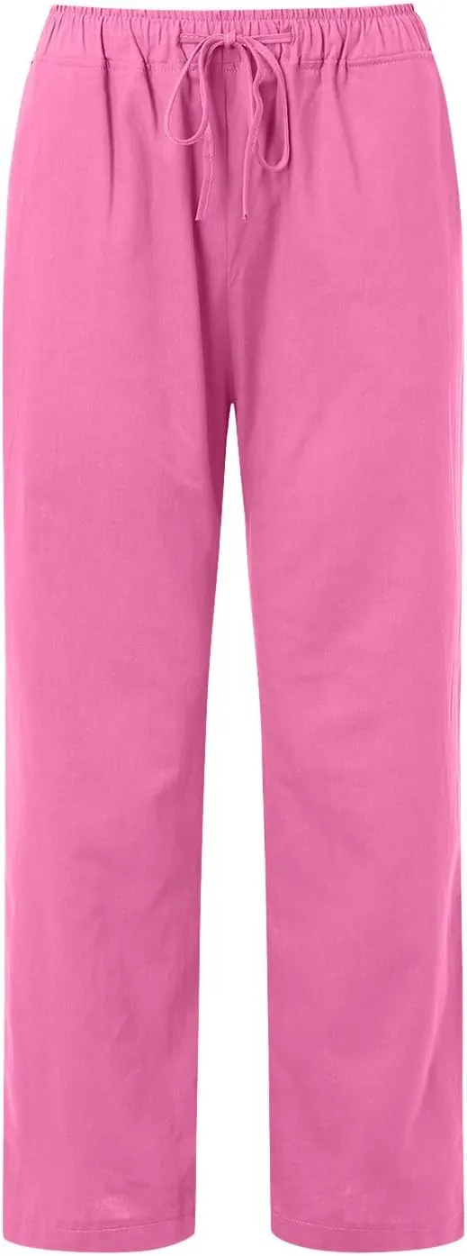 Womens Cotton Linen Summer Flowy Palazzo Lounge Pants High Waist Lounge Pants Slim-Fit Pant Trousers Business Work