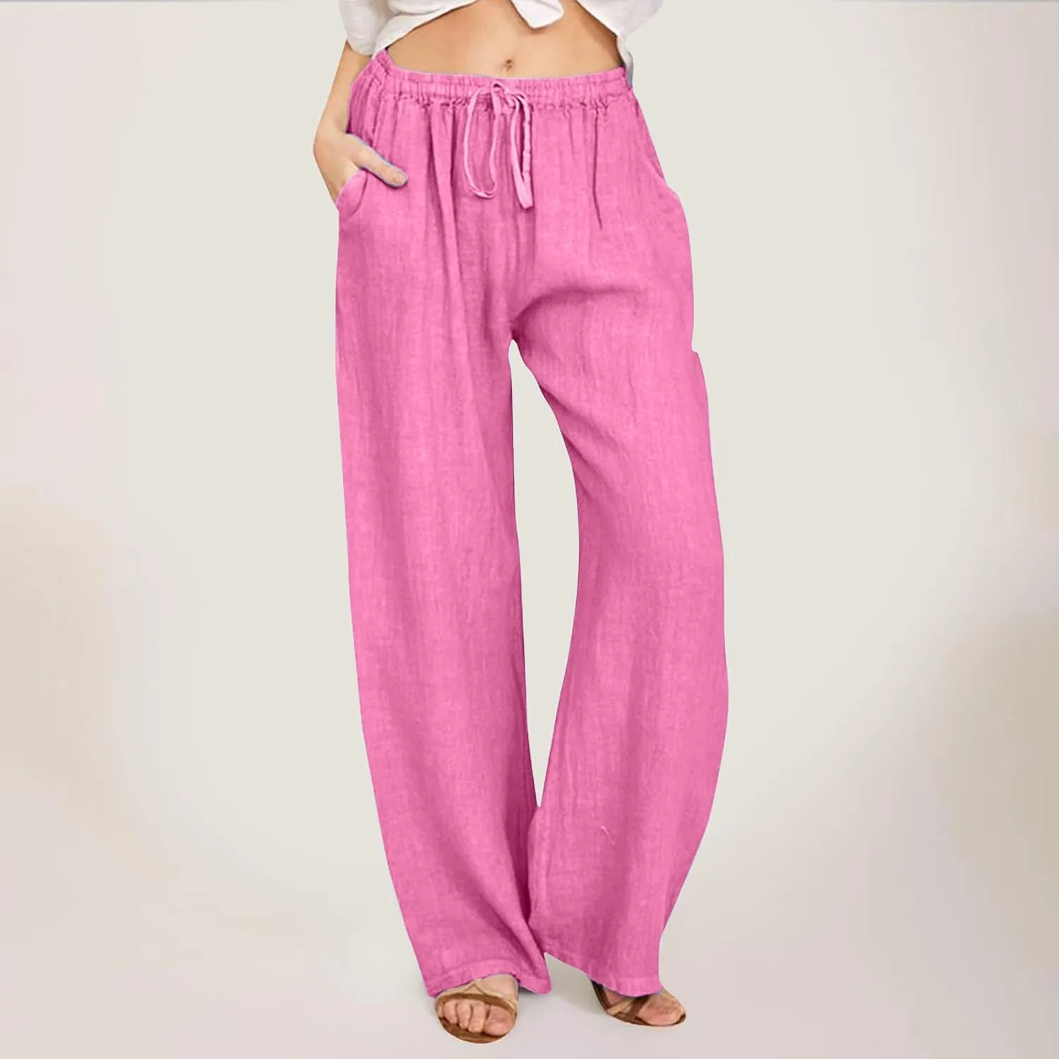 Womens Cotton Linen Summer Flowy Palazzo Lounge Pants High Waist Lounge Pants Slim-Fit Pant Trousers Business Work