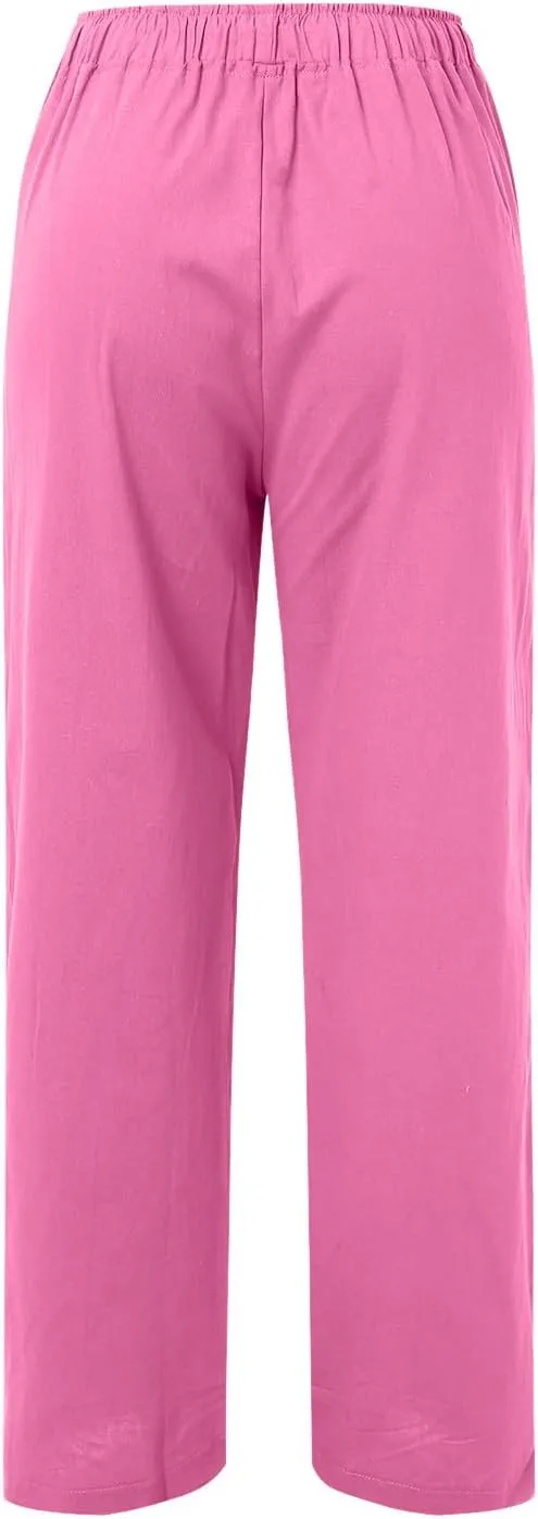 Womens Cotton Linen Summer Flowy Palazzo Lounge Pants High Waist Lounge Pants Slim-Fit Pant Trousers Business Work