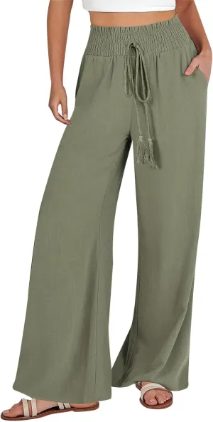 Women's Cotton Linen Summer Flowy Palazzo Pants Elastic Waisted Lounge Pants Slim Fit Palazzo Lounge Pants Vacation
