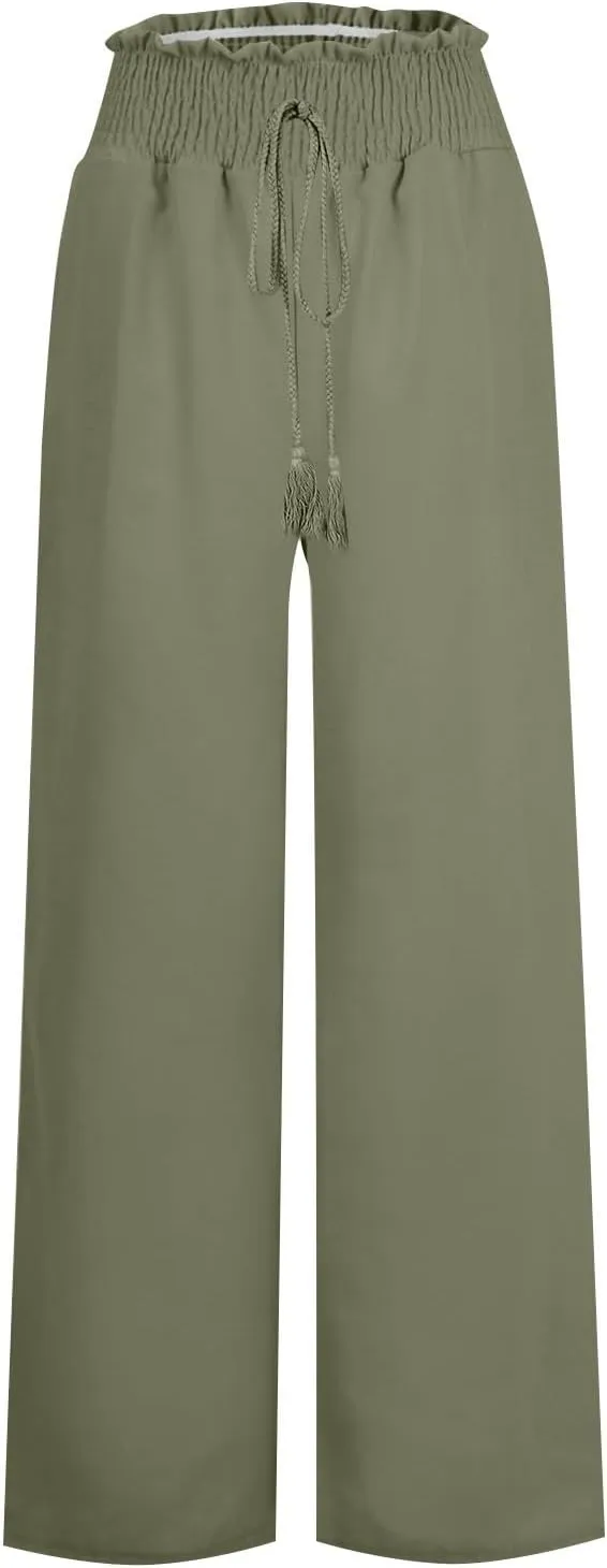 Women's Cotton Linen Summer Flowy Palazzo Pants Elastic Waisted Lounge Pants Slim Fit Palazzo Lounge Pants Vacation