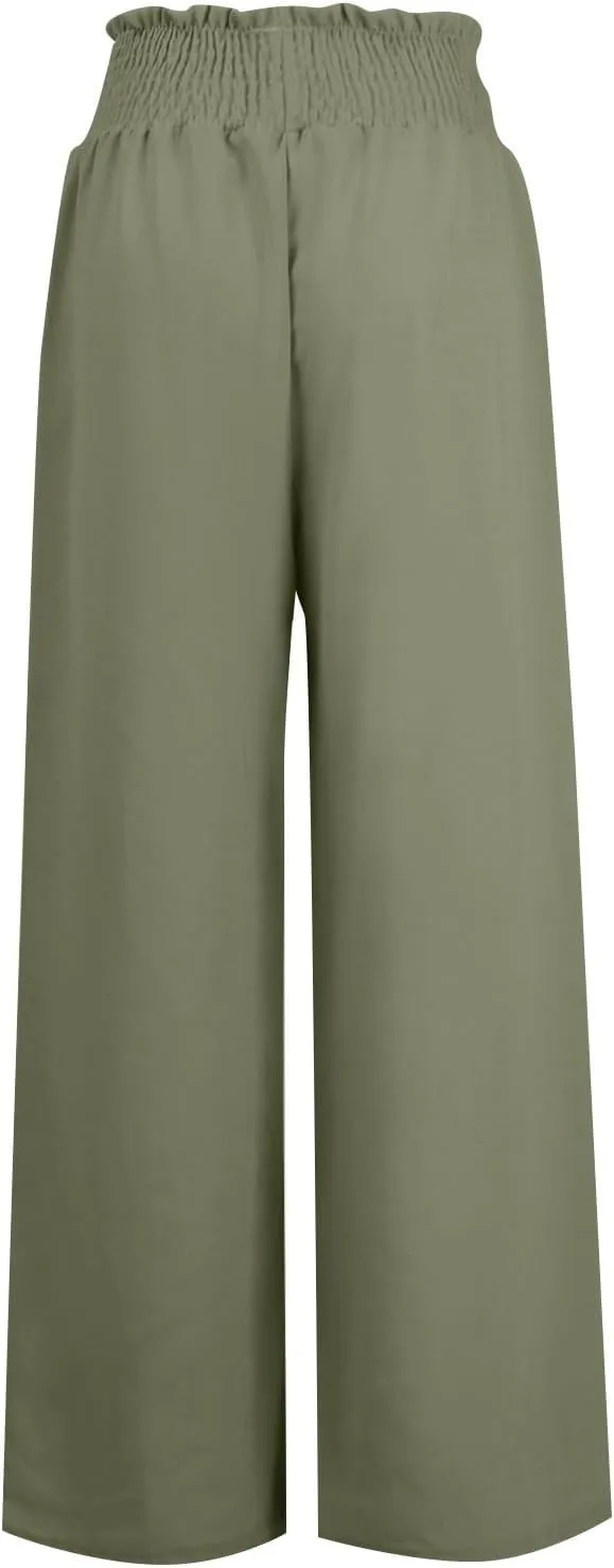 Women's Cotton Linen Summer Flowy Palazzo Pants Elastic Waisted Lounge Pants Slim Fit Palazzo Lounge Pants Vacation