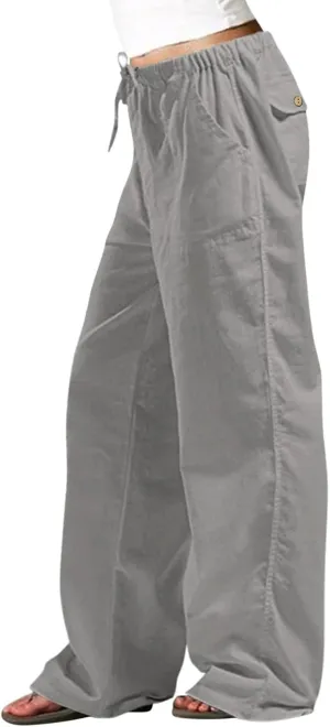 Womens Cotton Linen Summer Letter Patched Palazzo Pants Low Waist Lounge Pants Loose Fit Palazzo Lounge Pants