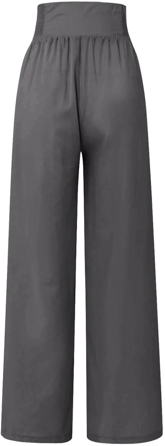 Womens Cotton Linen Summer Loose Palazzo Lounge Pants Elastic Waist Baggy Stretchy Plus Size Trouser Trendy