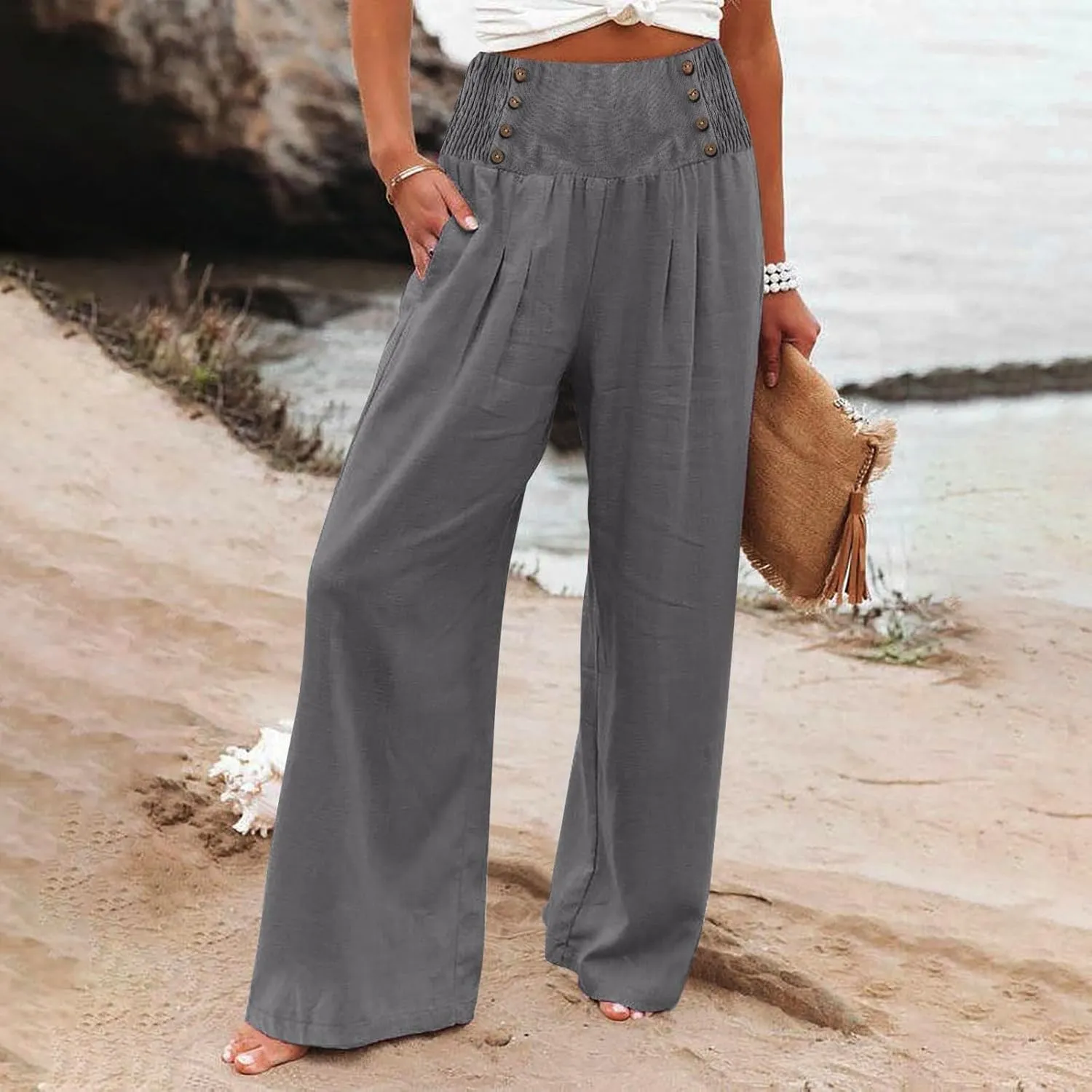 Womens Cotton Linen Summer Loose Palazzo Lounge Pants Elastic Waist Baggy Stretchy Plus Size Trouser Trendy