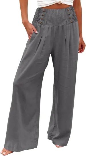 Womens Cotton Linen Summer Loose Palazzo Lounge Pants Elastic Waist Baggy Stretchy Plus Size Trouser Trendy
