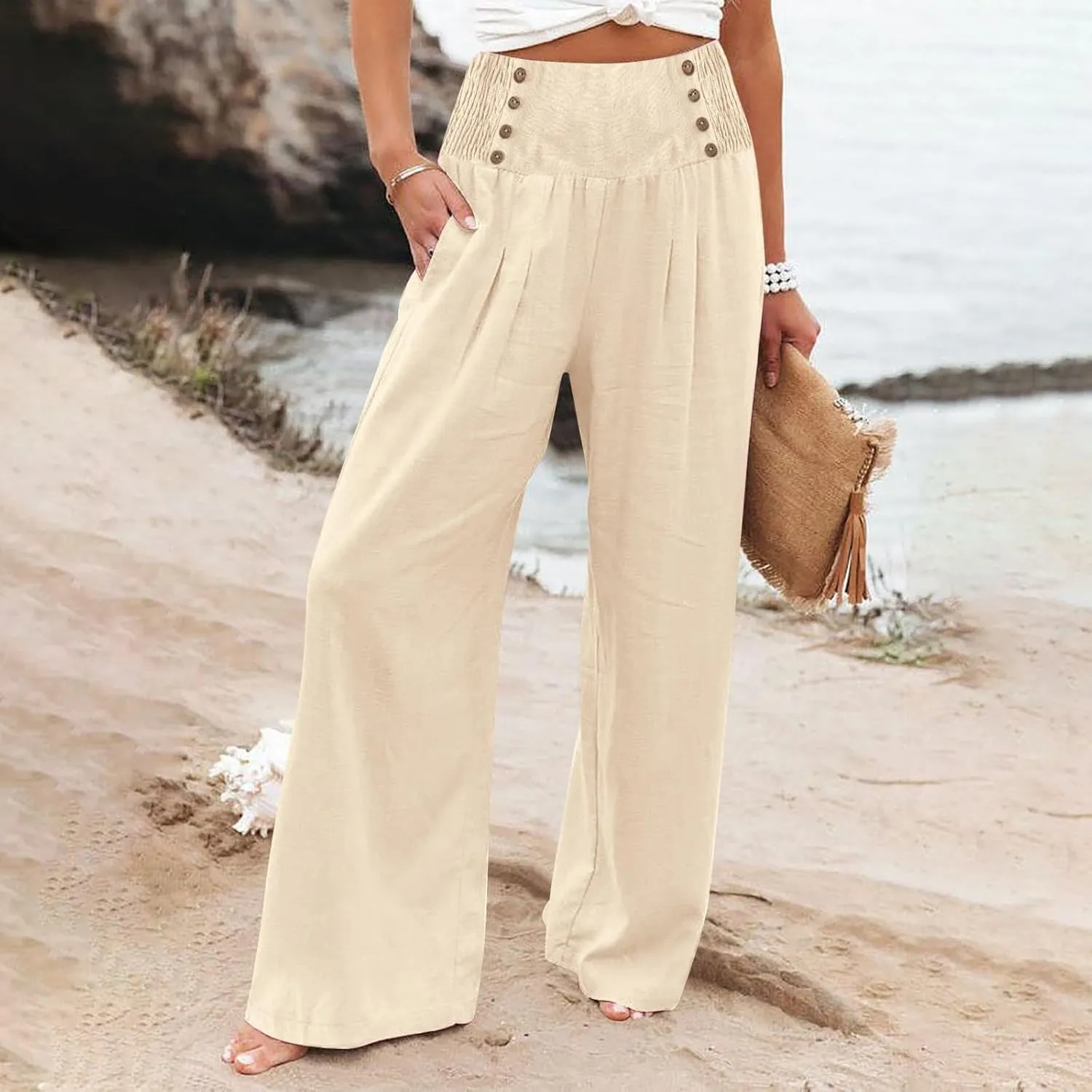 Womens Cotton Linen Summer Loose Palazzo Lounge Pants Elastic Waist Baggy Stretchy Plus Size Trouser Trendy