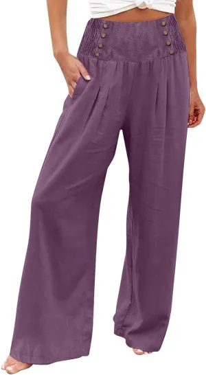 Womens Cotton Linen Summer Loose Palazzo Lounge Pants Elastic Waist Baggy Stretchy Plus Size Trouser Trendy