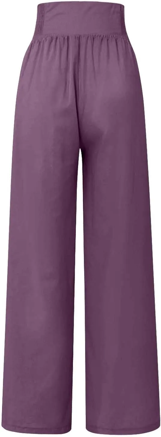 Womens Cotton Linen Summer Loose Palazzo Lounge Pants Elastic Waist Baggy Stretchy Plus Size Trouser Trendy
